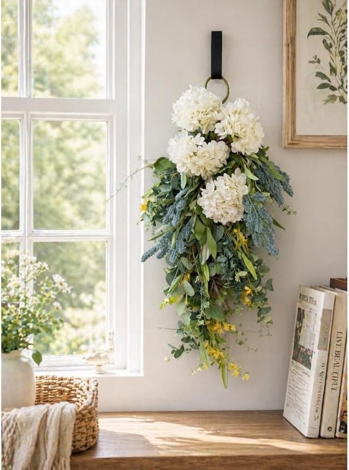 26" White Floral Teardrop Swag for Front Door, Artificial Spring Summer Farmhouse Door Decor with Greenery, White Floral Hanging Swags with Berries for Porch Entryway Window Wall