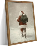 Framed Christmas Wall Art, Santa Claus Walk in Snow Canvas Prints, Vintage Christmas Pictures Wall Decor, Rustic Santa Oil Painting, Winter Snow Scene Christmas Decorations – 12X16in