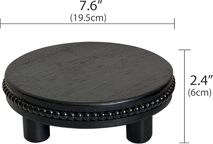 dwellington Farmhouse Beaded Wood Tray Risers for Display, 7.6” Wooden Decorative Tray for Kitchen Home Decor, Display Pedestal Stand for Countertop, Black Round Wood Riser for Soap Dish