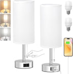Fenmzee White Silver Bedside Table Lamps Set of 2-3 Color Temperatures Pull Chain Lamp with AC Outlet Charging Port, Two Round Night Stand Lamps for Bedroom, Small Bed Side Light with E26 LED Bulbs