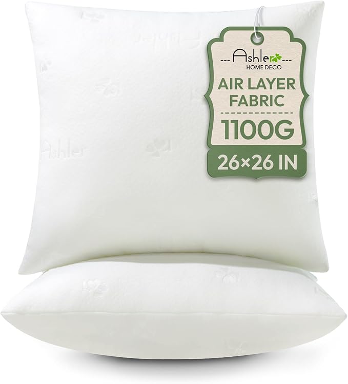Ashler Throw Pillow Inserts 26 x 26 Inches Set of 2,Firm and Fluffy Decorative Square Pillows with Air Layer, Indoor Square Cushion Stuffer for Couch Bed Sofa and Living Room