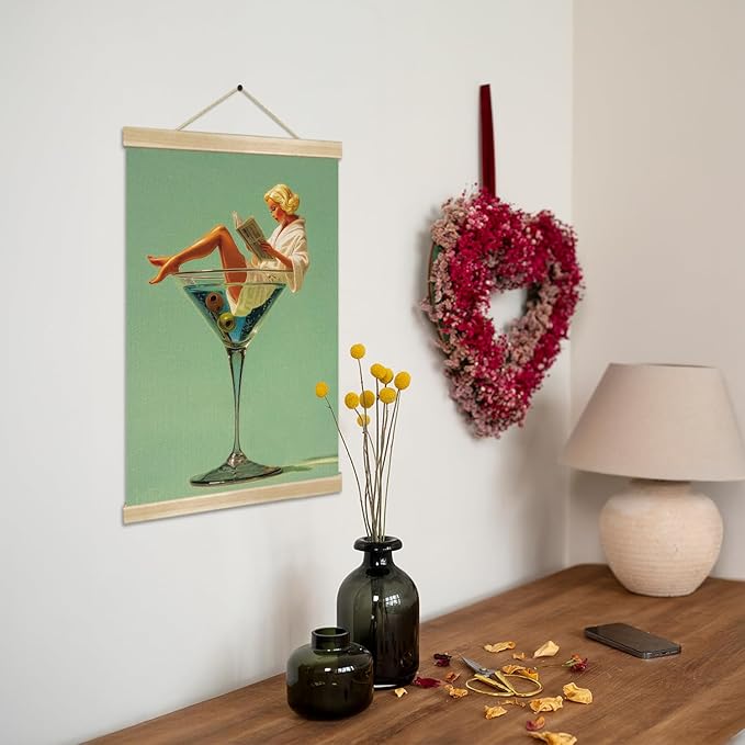 Martini Girl Wall Art, Vintage Glam Cocktail Poster, Retro Fashion Woman in Martini Glass Canvas Print, Chic Bar Lounge Wall Decor for Dining Room Kitchen or Home Office,Holiday Gift for Women 14x18.5 Inch (Green-Woman03)