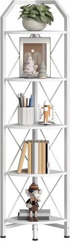 CHOEZON 5-Tier Corner Shelf, Industrial Corner Bookshelf, 59.4" Corner Storage Stand, Plant Stand Display Shelf, Corner Bookcase for Bedroom, Living Room, Home Office, White TCJ10WB