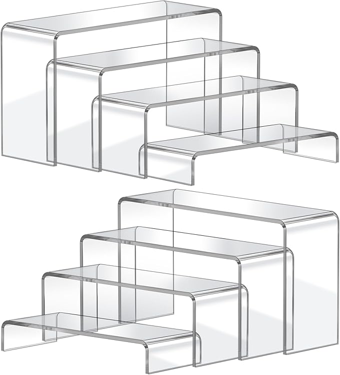 FUNFERY Acrylic Display Risers, 2 Set(7.8" L~8.2" L~8.6" L~9”L) Display Shelf for Figure, Collectibles, Cupcake, Clear Acrylic Stands for Dessert, Jewelry, Candy Showcase, 4 Tier Action Figure Stand