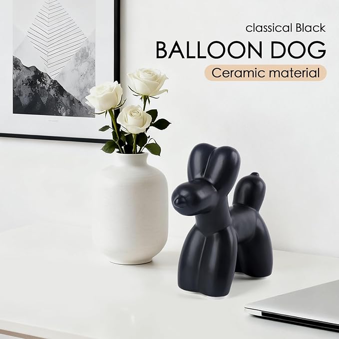 Notakia Cute Ceramics Black Balloon Dog Statue Crafts Living Room Desktop Decorations,Handmade Modern Small Ceramic Animal Statue Ornament Home Decor Accents (Black, Large)