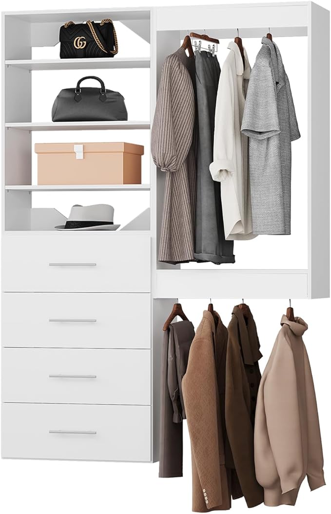 ROOMTEC Modular Closet System, 61" Wall-Mounted Closet Organizer with Drawers and Hanging Rods, Wooden Tower for Walk-In Closets, Wardrobe Storage Kit, White