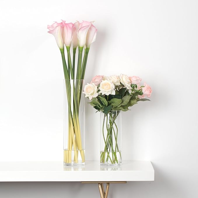 WGVI Quality Thick Weighted Tall Clear Cylinder Glass Vases, 4" W x 14" H, Flower Arrangement Floating Candle Holders Wedding Centerpieces Floral Container Home Decor, Bulk Wholesale, 12 Pcs