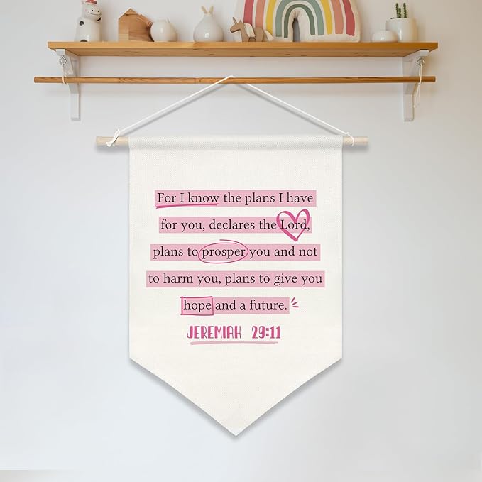Christian Banner Decor,Inspirational Bible Verse Canvas Flag Banner,Positive Christ Wall Art Poster for Playroom Nursery,Kids Room Decor 11x16 Inch(KD15)