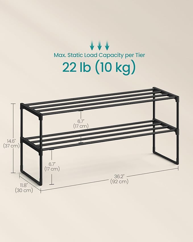 SONGMICS Shoe Rack, 2-Tier Shoe Organizer, Metal Storage Shelf, Upright or Upside Down, for 12-15 Pairs, Stackable, for Entryway, 11.8 x 36.2 x 14.6 Inches, Black ULSA12BK