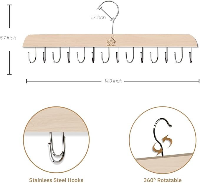 Belt Hanger for Closet, 14 Hooks Sturdy Wood Rack - Rotating Organizer for Belts, Scarf, Ties & Accessories