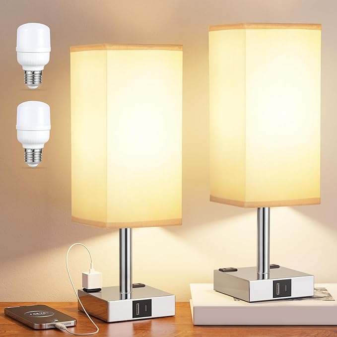 aooshine Touch Bedside Table Lamp Set of 2-3-Way Dimmable Night Lamp with USB A + Type C Charging Ports and Two AC Outlets, Small Desk Light with E26 LED Bulb for Bedroom Living Room Dorm Office