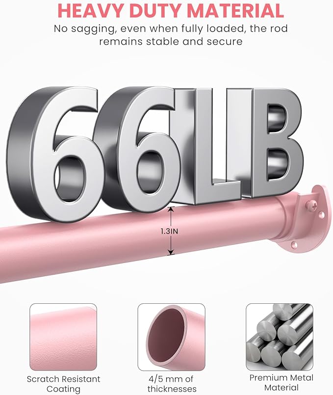 Closet Rods for Hanging Clothes, 17 to 54 Inches Stepless Adjustable Metal Closet Rod, 1.3 Inches Heavy Duty Clothes Hanging Rod for Closet Wardrobes Laundry RV, Pink
