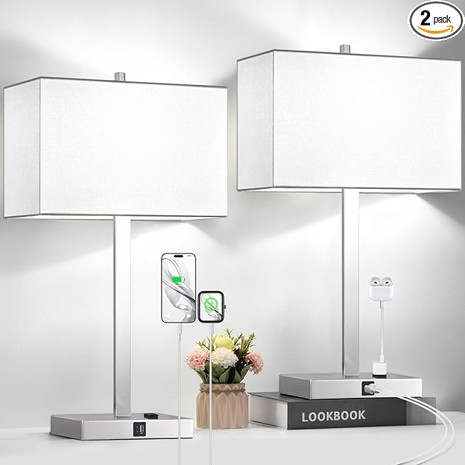 21" Set of 2 Touch Control Table Lamps with 2 USB & AC Outlets, 3-Way Dimmable Modern Nightstand Lamps for Bedroom Living Room Office Reading, White Shade Bedside Lamps, 5000K LED Bulbs Included.