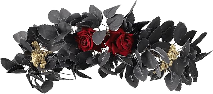 Artificial Flower Swag, Rose Eucalyptus Floral Swag Black Decorative Swag, Decorative Swag with Black Eucalyptus Leaves for Halloween Home Front Door Lintel Wedding Arch Party Tabletop Wall Decor(A2)