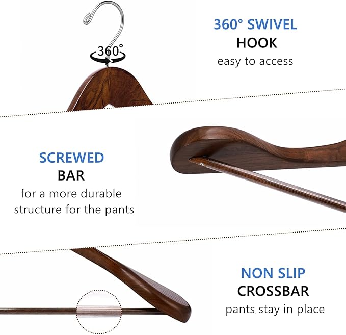 Amber Home 6 Pack Walnut Wide Shoulder Wooden Suit Hangers, Wood Coat Hangers with Non Slip Pants Bar, Clothes Hangers for Jackets, Sweaters, Pants & Heavy Clothes (Vintage, 6 Pack)