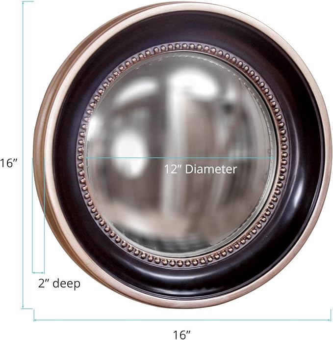 Howard Elliott Patterson Convex Round Hanging Accent Wall Mirror, Matte Black and Silver Leaf, for Bedroom Entrway or Any Room, 16 Inch