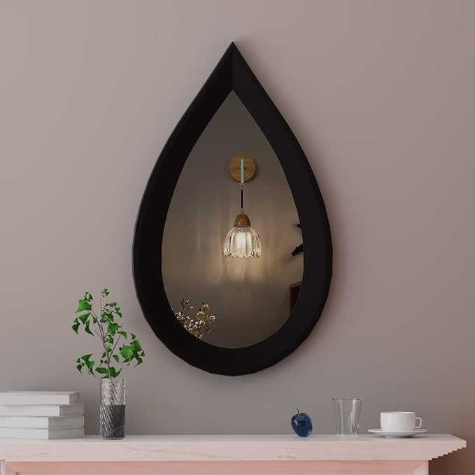 34" x 20" Irregular Wall Mirror, Black Wooden Framed Mirror, Asymmetrical Wall Mirror for Living Room Bedroom Bathroom Entryway, Small Modern Decorative Hanging Hook Style Mirror