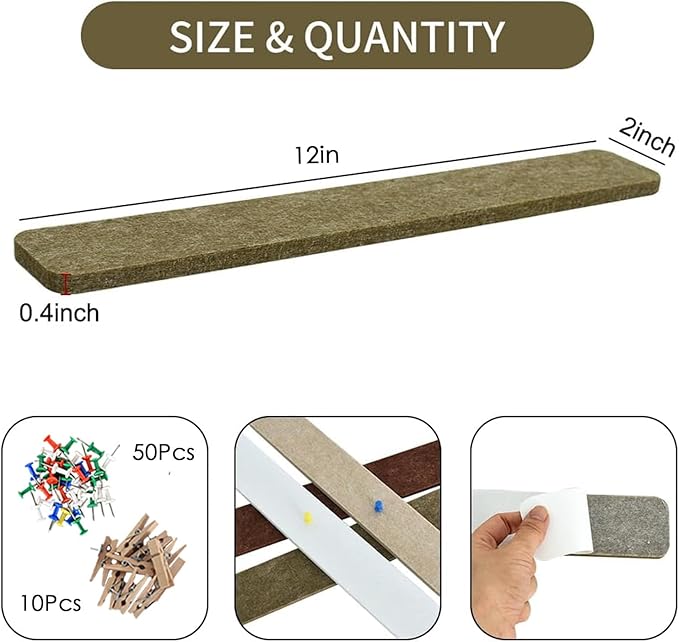 Vuzvuv 8 pcs Bulletin Board Bar Strips with 50 Pushpins & 10 Wooden Clip pins，Self Adhesive Cork Board for Wall，Felt Pin Board for School，Office Decor(Coffee-Brown White)