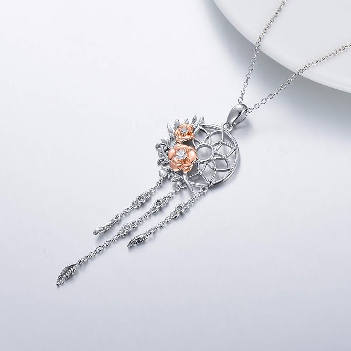 Dream Catcher Pendant Necklace 925 Sterling Silver Synthetic Moonstone Crystal Sunflower Rose Flower Evil Eye Dreamcatcher Cremation Jewelry Gifts for Women Wife Mom