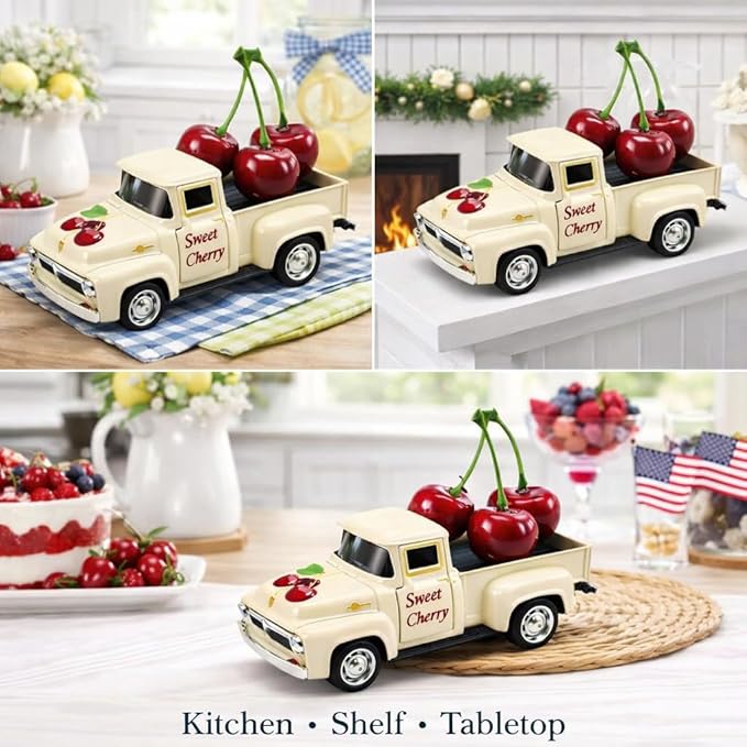 Cherry Truck Decor, Vintage Cream Pickup Truck with Cherry Arrangement, Rustic Farmhouse Summer Tiered Tray Decor, Kitchen Table Centerpiece, Home Office Shelf Decorations