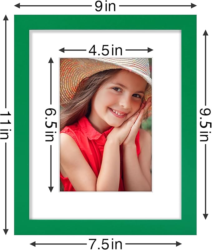 Vittanly 8x10 Picture Frames Set of 9, Shatter Resistant Plexiglass, Display 5x7 Pictures with Mat or 8x10 without Mat, Photo Frames for Wall or Tabletop, Engineered Wood, Green