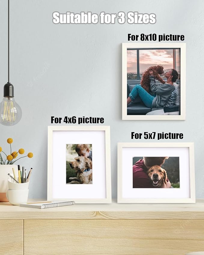 Egofine 8x10 Picture Frames Set of 4, Made of Solid Wood Covered by Plexiglass 4x6 and 5x7 with Mat or 8x10 without Mat, for Table Top Display and Wall Mounting Photo Frame Beige