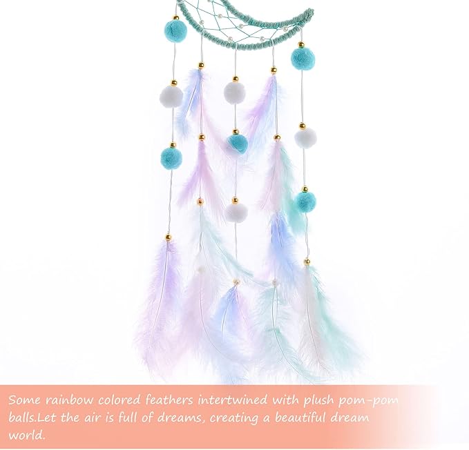 Pretty Jolly Green Moon Kids Dream Catcher Wall Decor Pompom Feather Baby Dreamcatcher Handmade Children Dream Catcher Home Décor Wall Hanging for Nursery Bedroom Boys Girls Birthday Gift-25.6in