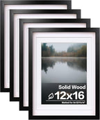 Egofine 12x16 Picture Frames Set of 4, Made of Solid Wood Covered by Plexiglass 9x12 and 11x14 with Mat or 12x16 without Mat, for Wall Mounting Photo Frame Black