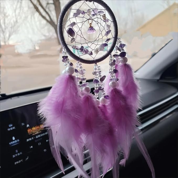 Mini Lotus Dream Catcher for Car Rearview Mirror, Handmade Boho Car Hanging Charm, Black Feather & Crystal Car Mirror Decor, Auto Interior Ornament for Women(Purple)