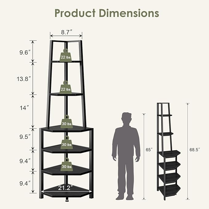 VECELO 6 Tier Corner Shelf 69 Inch Industrial Bookshelf with Metal Frame, Multipurpose Tall Plant Stand with Opening Display Shelves for Living Room, Bedroom, Home Office, Small Space, Black
