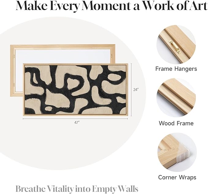 Framed Abstract Neutral Horizontal Wall Art for Living Room, Black Beige Mid Century Modern Artwork for Walls, Large Abstract Canvas Painting Print for Bedroom Hallway Home Office Wall Decor, 24x48 In