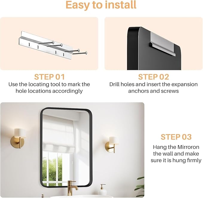 Bathroom Mirror for Wall, 30x22 Inch Rectangle Mirror, Matte Black Metal Framed Bathroom Vanity Mirror for Restroom Farmhouse, Anti-Rust, Tempered Glass, Horizontally or Vertically Hanging