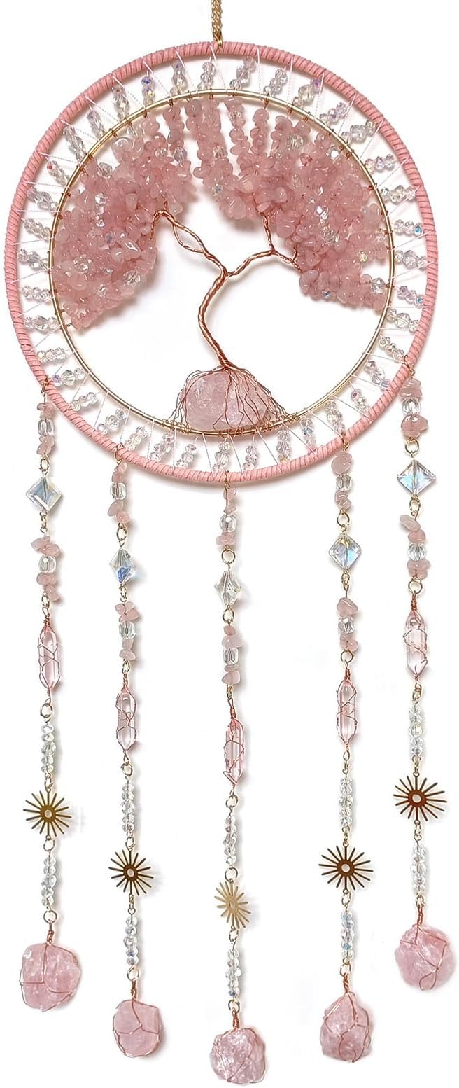 Crystal Tree of Life Dream Catchers with Stone Pendant Pink Dream Catcher Wall Decor Handmade Dreamcatcher Wall Hanging Ornament for Bedroom Living Room Home Decor