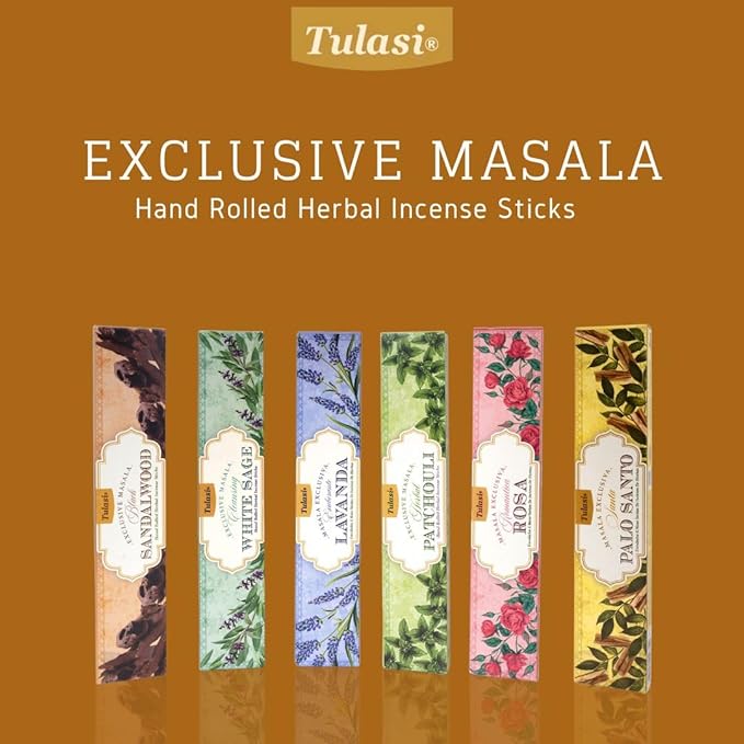Tulasi Herbal Masala Incense Sticks Assorted/Variety Pack – 120 Hand Rolled Sticks, 6 Natural Scents | Sandalwood, Lavender, Patchouli, Palo Santo, White Sage | Aromatherapy