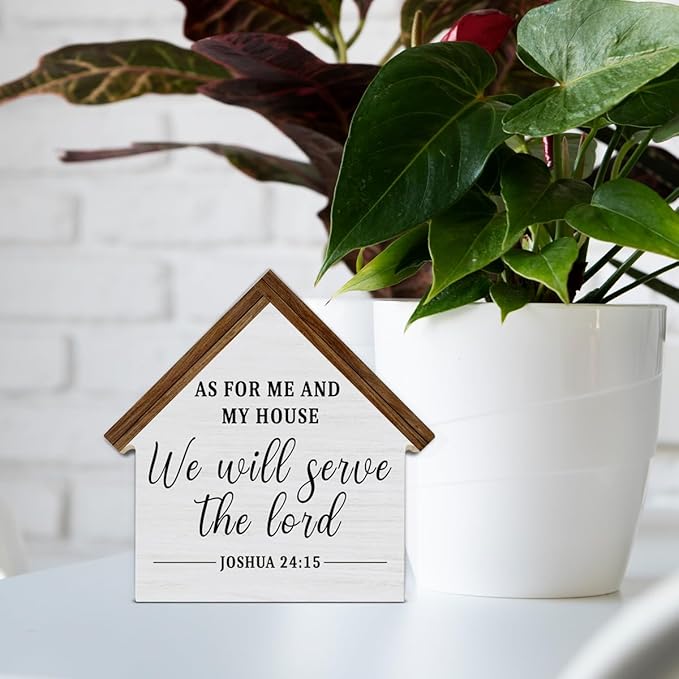 As for Me and My House We Will Serve the Lord Christian Decor, Bible Verse House Shaped Wood Sign, Christian Home Room Decor for Desk Table Shelf