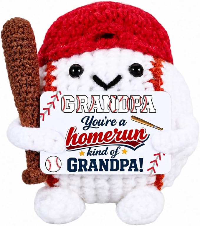 JEWGLO Grandpa Gifts for Fathers Day Baseball Doll Birthday Gifts for Grandpa Positive Handmade Baseball Crochet First Father's Day New Grandpas Gift Ideas for Grandfather from Granddaughter Grandson
