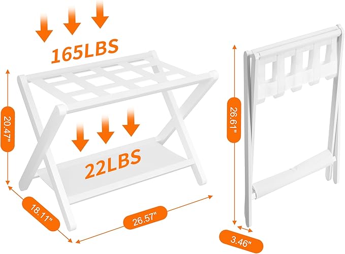 Heybly Luggage Rack, Folding Suitcase Stand with Storage Shelf, Heavy-Duty Luggage Holder for Guest Room Bedroom Hotel, Holds up to 165 lb, White, HLR010W1