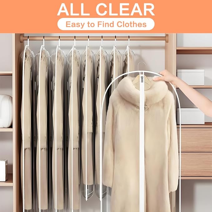 Clear Garment Bags for Hanging Clothes Travel (24'' x 54'' Set of 6) Clothes Storage Bags Closet Cover for Open Closet with Zipper for Suit, Sweaters Travel Laundry Wardrobe Closet Garment Dust Cover