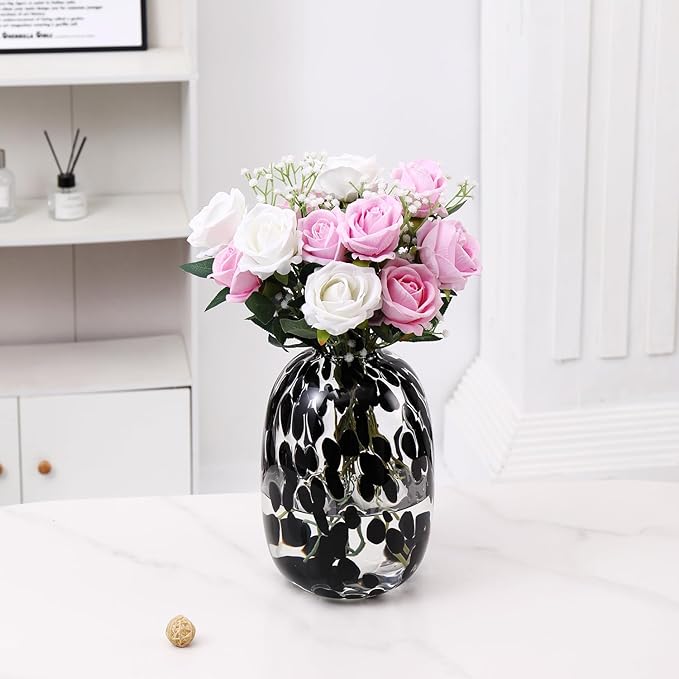 Black Glass Vase, Large Glass Flower Vases for Bouquets, Tall Floor Vase for Living Room, Dining Table, Mantle, Shelf, Wedding, Office, 10 Inches