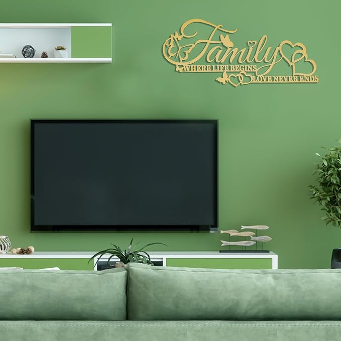 Family Metal Word Sign Wall Art Decor, Where Life Begins Love Never Ends Heart Butterflies Wall Hanging Sculpture, Golden Iron Letters Quotes Home Decor for Living Room Kitchen (Golden)