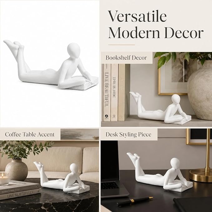 White Reading Statue Style A, Abstract Reader Figurine, Resin Book Decor for Bookshelf, Coffee Table, Desk Shelf Decor, Gift for Book Lovers