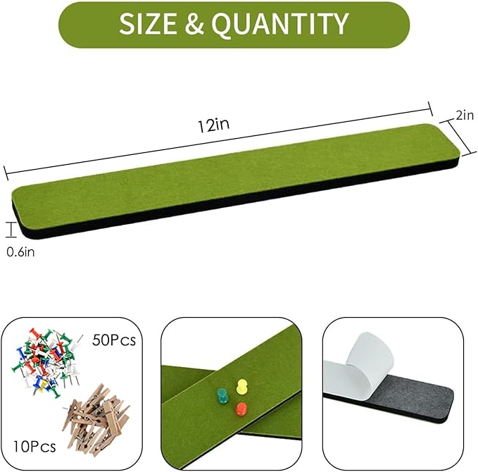 Vuzvuv 8 pcs Bulletin Board Bar Strips with 50 Pushpins & 10 Wooden Clip pins，Self Adhesive Cork Board for Wall，Felt Pin Board for School，Office Decor(Olive Green)
