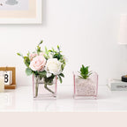 Square Glass Vases Set of 4, 4"x 4"x 4" Flower Vases for Centerpieces, Pink Glass Vase for Flowers, Small Vase for Wedding, Party, Home Office Decoration