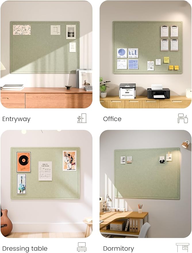 Fluxynara Large Bulletin Board, 47.2" x 35.4" Cork Board Alternative with 24 Safe Removable Adhesive Tabs, Foldable Felt Pin Board for Home Office, Classroom, Bedroom,Entryway for Walls—Sage