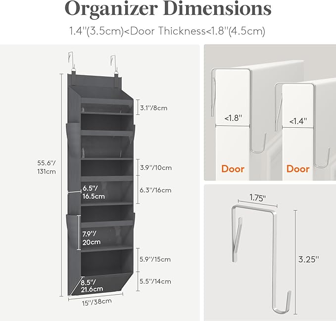 Lifewit 1 Pack Over the Door Organizer, Clear Window Hanging Storage with 4 Side Pockets, Anti Tilt 40 lbs Load Behind Door for Pantry, Nursery, Bathroom, Bedroom, Dorm, 5 Section, Gray
