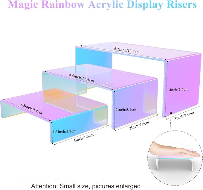12 PCs Small Iridscent Risers Display Stands 3 Tiers Desktop Acrylic Shelves Small Cake Dessert Holder Products Stand for Collectibles Shoes Jewels Pop Figure (Iridescent2)