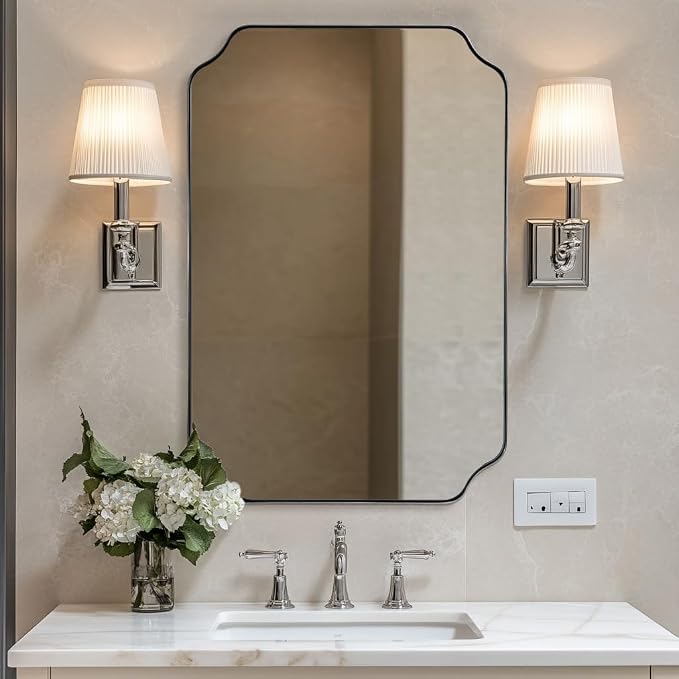 ANDY STAR Chrome Bathroom Mirror, 24x36 Inch Polished Chrome Rectangle Mirror, Scalloped Bathroom Mirror with Stainless Steel Metal Frame, Thin Frame Deep 1’’