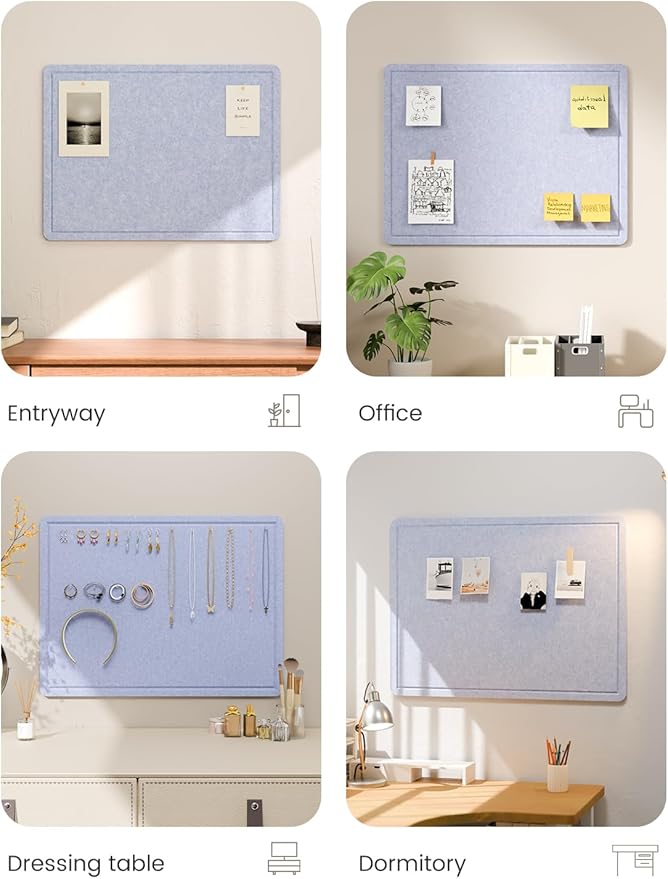Fluxynara Bulletin Board, 23.6" x 17.5" Cork Board Alternative with 12 Safe Removable Adhesive Tabs, Foldable Felt Pin Board for Home Office, Classroom, Bedroom,Entryway for Walls—Soft Periwinkle