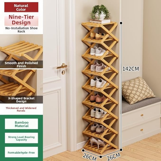 Bamboo Shoe Rack Organizer, 2-10 Tiers, Natural or Tea Color, No-Tool Assembly, Foldable Storage Shelf (No Installation 9 Layer 30-Tan)