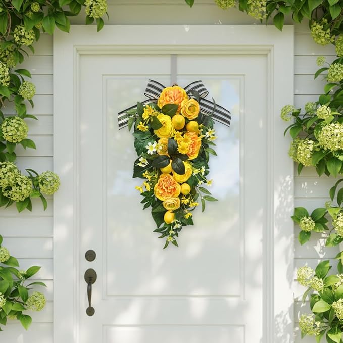 24 Inch Pre-Lit Lemon Swag for Front Door with 10 LED Lights Artificial Spring Summer Floral Teardrop Decoration with Striped Bow Yellow Peony for Spring Summer Farmhouse Decor Indoor Outdoor